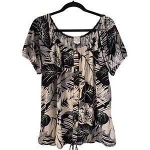 Naif Large Fits Like XL Black, Beige Leaves, Faux Buttons Ties @ Elastic Bottom